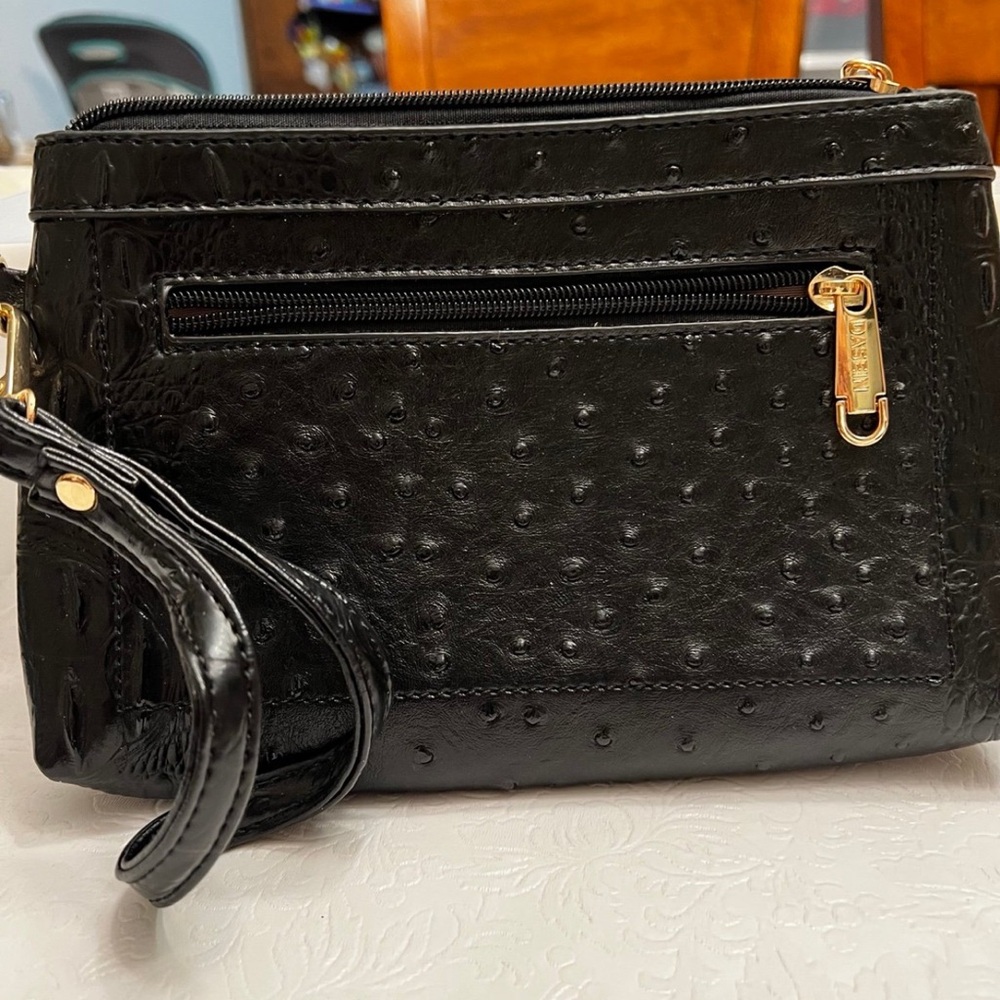 Desen Black Textured Clutch with Gold Hardware